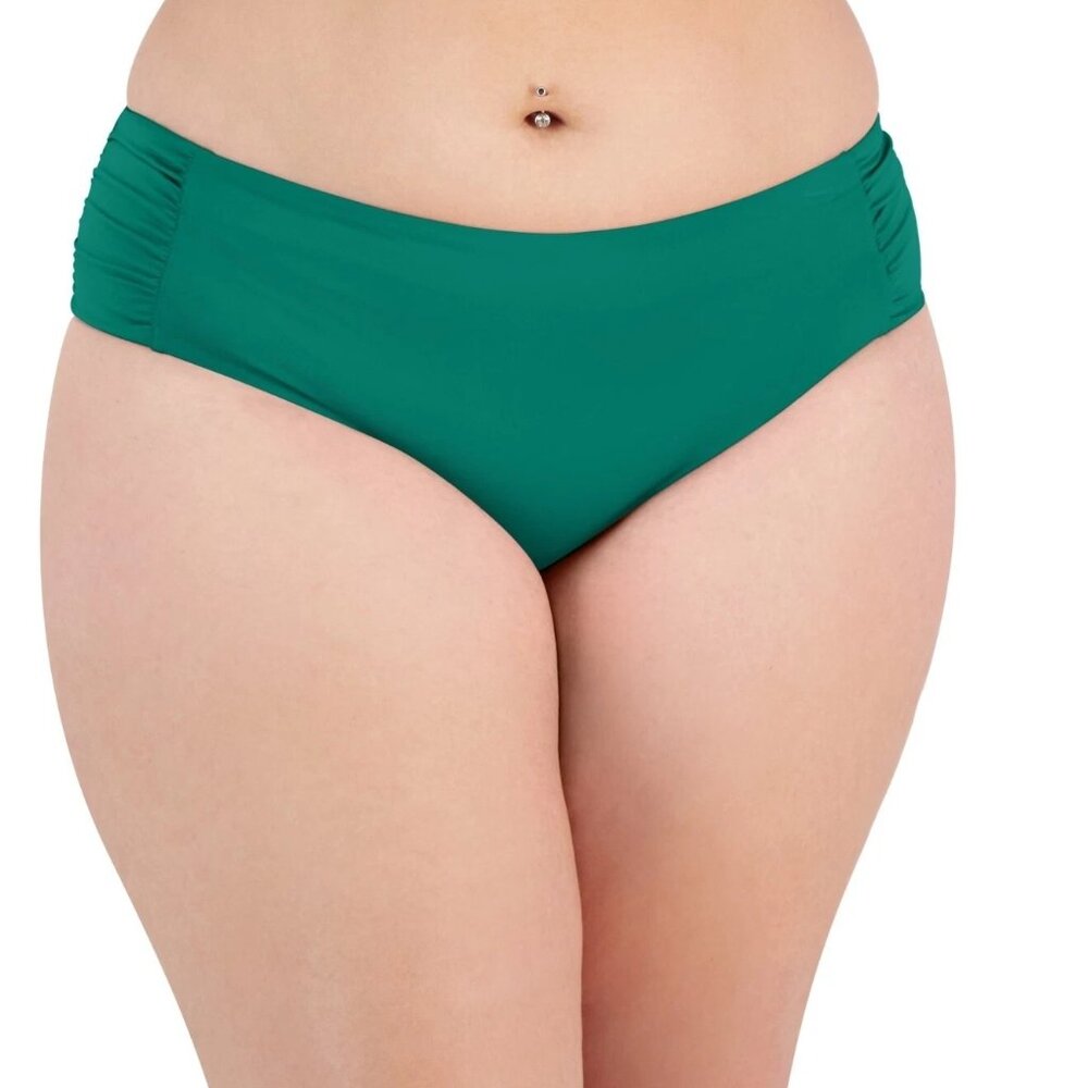Becca Women's Hipster Bikini Bottom Size 1X Green Shirred Side Nylon Solid New